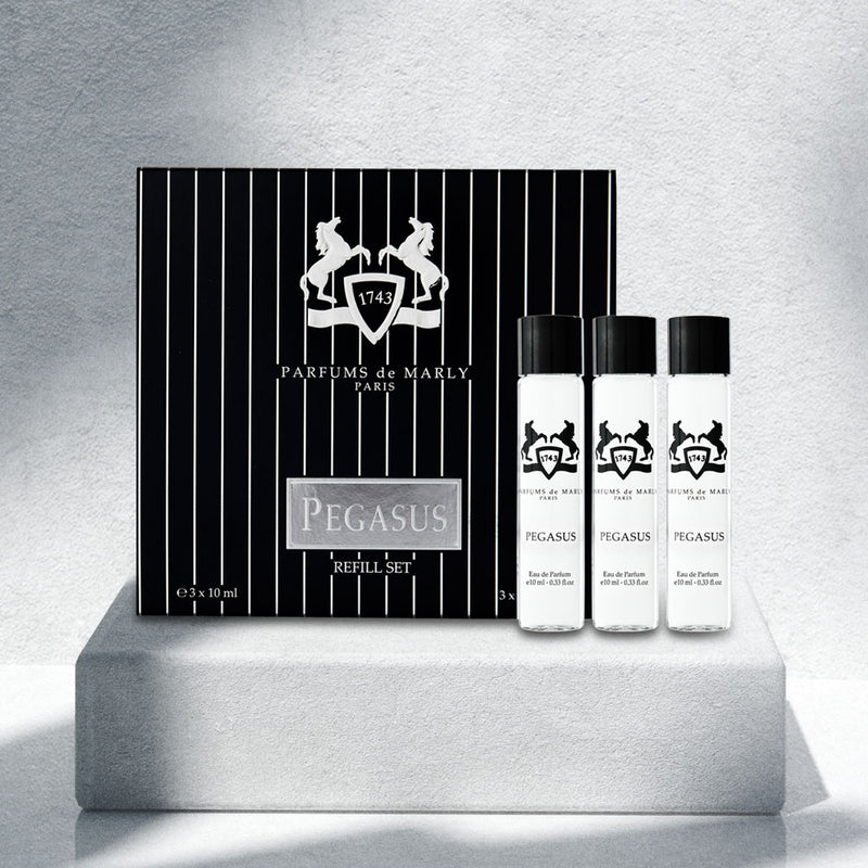 Pegasus refill set, featuring a trio of the perfume.
